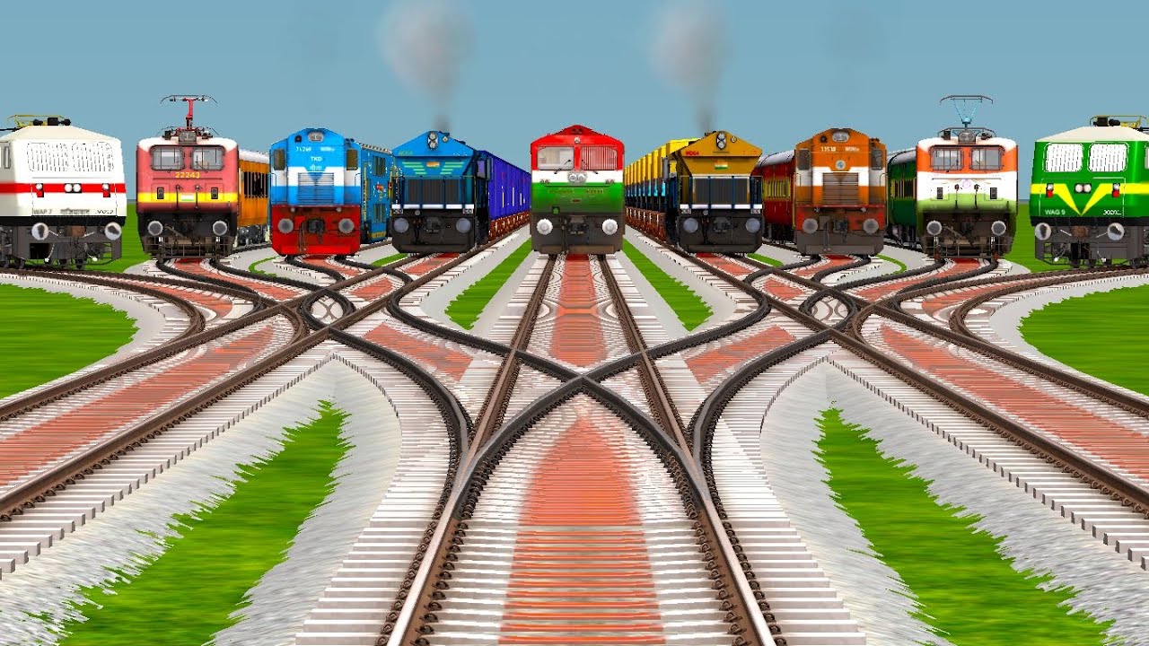 9 Trains At Branched Forked Railroad Crossing | Risky Bumpy Tracks | train simulator classic 