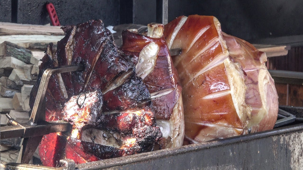 Huge Roasted Hams of Prague. Street Food