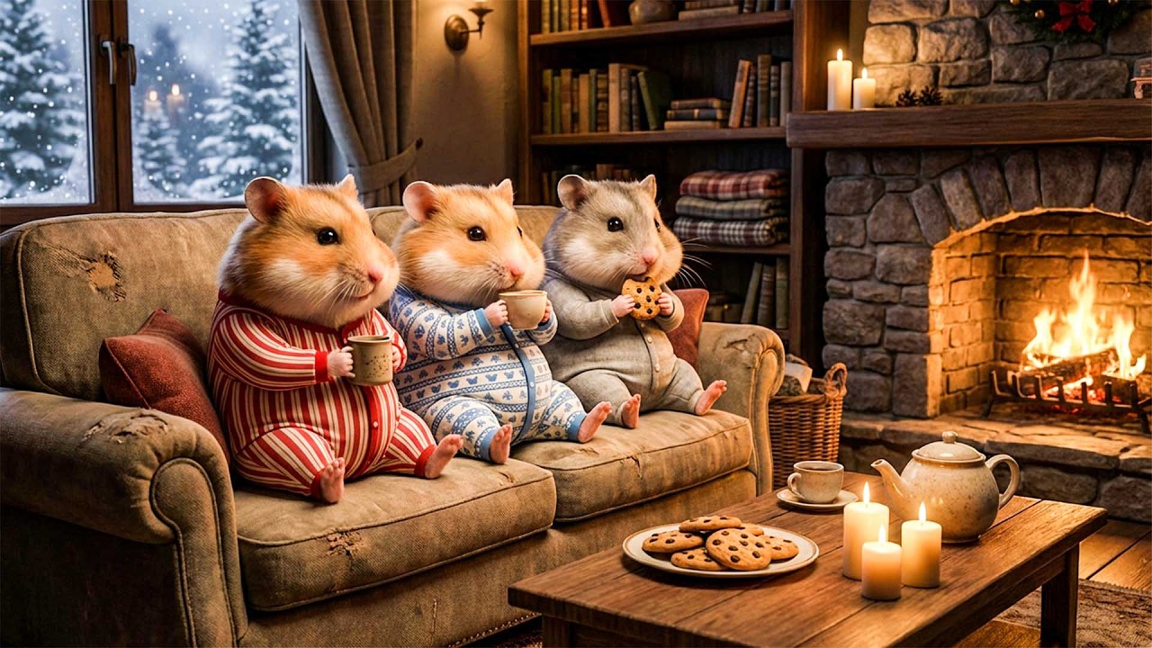 Hamsters’ Cozy Winter Haven ❄️ Fireplace Ambience & Soft Piano Music for Relaxation & Sleep