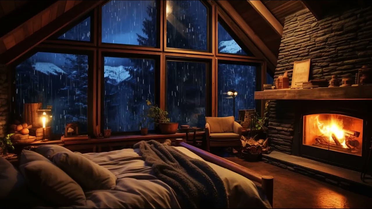 Cozy Fireplace with Rain Sounds 🌧️🔥 Calm Sleep Ambience  Deep Rest and Stress Relief 😴