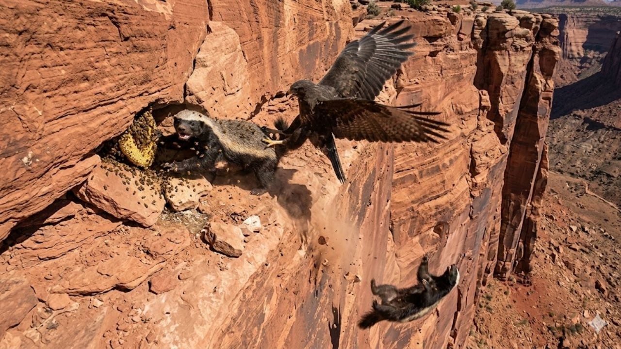 Fearless Honey Badger Raids a Beehive and Fights a Hawk on a Cliff