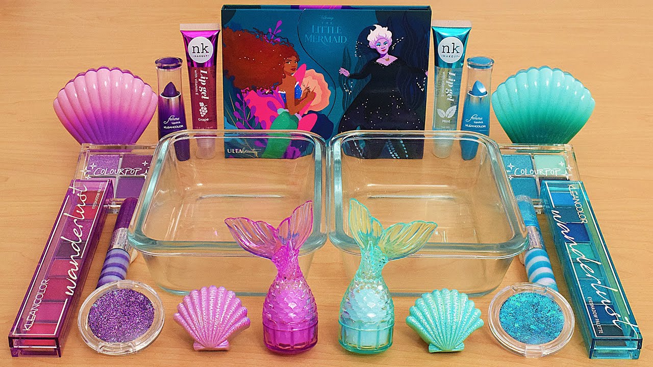 Little Mermaid Purple vs Teal Slime ASMR - Mixing Makeup and Eyeshadow Into Slime