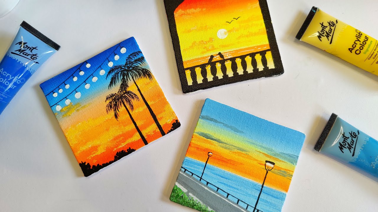 3 Paintings for beginners || 3 mini canvas paintings part 16 || aesthetic paintings