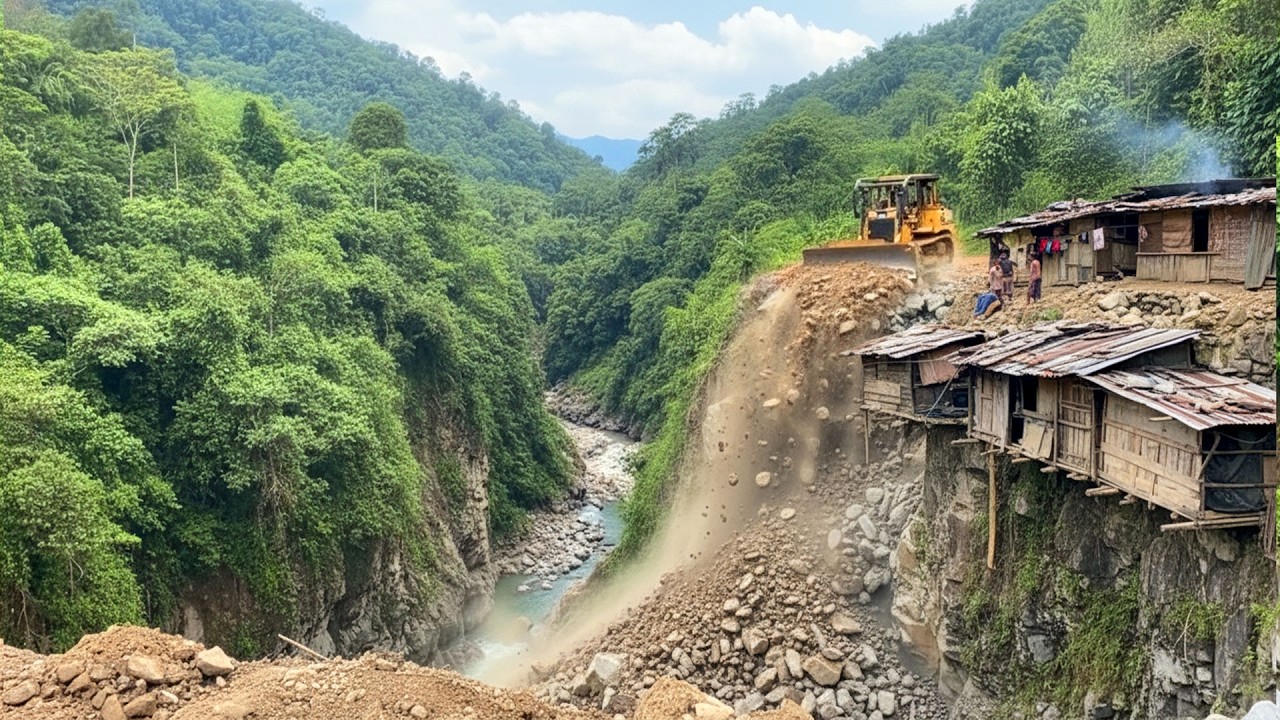 Extreme Road Construction on a Steep Cliff Edge: Building Roads in High Mountains.