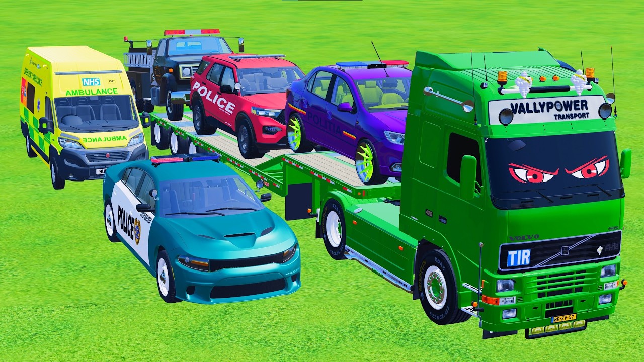 FLADBET TRAILER TRUCK VOLVO with DACIA,FORD,AMBULANCE to GARAGE - Farming simulator 22 - Galaxy Farm