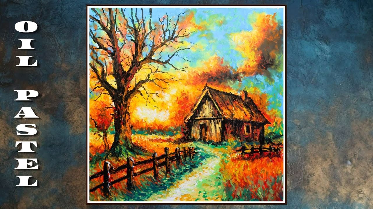 Ölpastellkreide „Herbstlandschaft mit Hütte“ tutorial