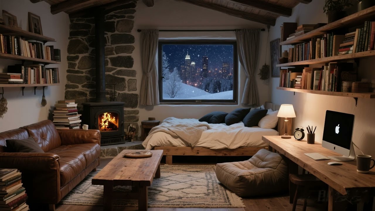 A campfire in a cozy winter cabin | The soothing sound of a fireplace | Helps you drift off to sleep