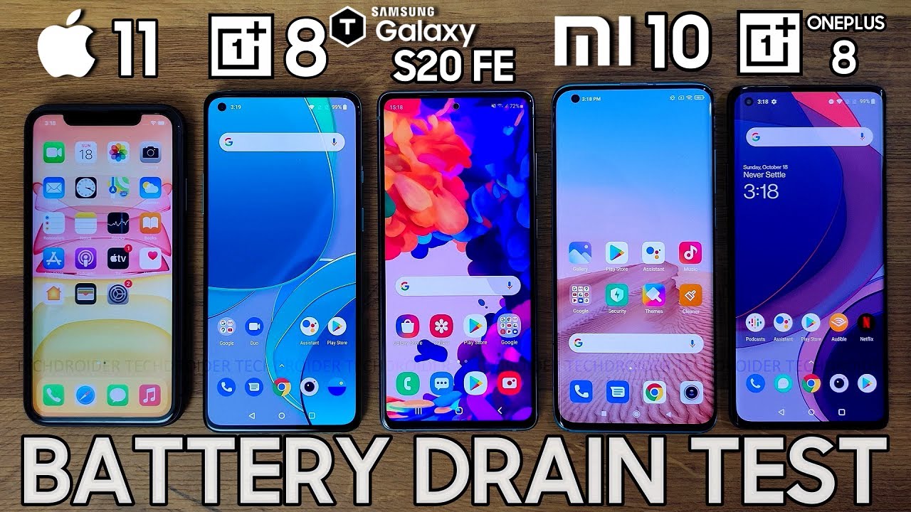 OnePlus 8T vs iPhone 11 / Xiaomi Mi 10 / Galaxy S20 FE / OnePlus 8 - BATTERY DRAIN TEST!