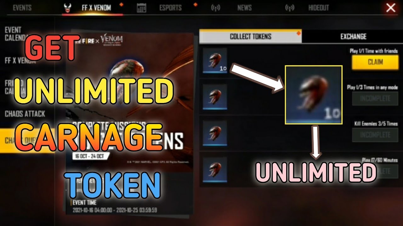 How To Get Unlimited Carnage Token In Free Fire Event || Get Carnage Token