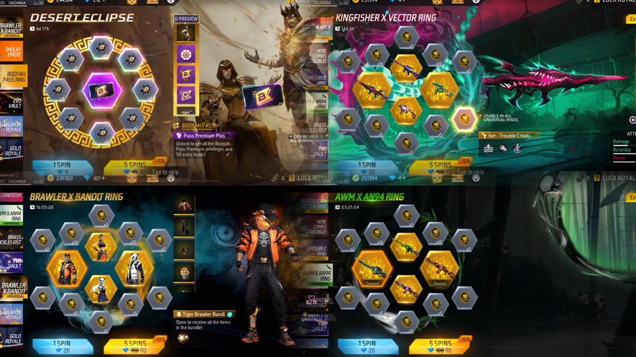 ALL EVENT BOOYAH PASS KINGFISHER X VECTOR RING AWM GUN BRAWLER X BANDLT ALL EVENT COMPLETE FREE FIRE