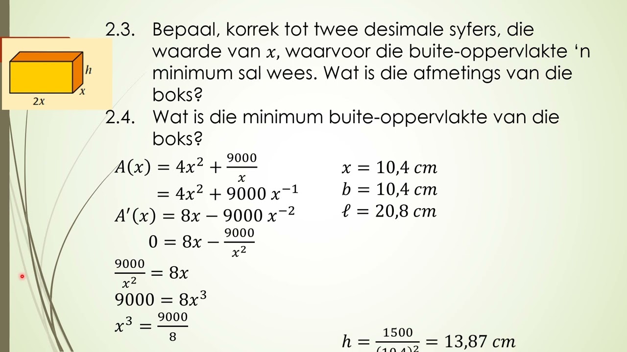Graad 12 Hoofstuk 8 Les 10 Optimering en veranderingstempo