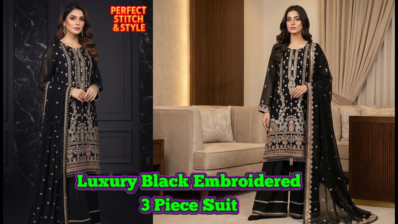 Luxury Black Embroidered 3 Piece Suit | Heavy Embroidered Shirt Dupatta & Wide Plazo | Party Wear