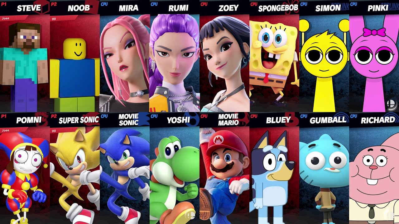 Sonic vs Mario vs Bluey vs SpongeBob vs Roblox vs Minecraft vs Fortnite | Super Smash Bros Ultimate