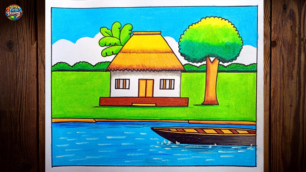 How To Draw Village Scenery Easy | Village Drawing | Village Scenery Drawing Step By Step