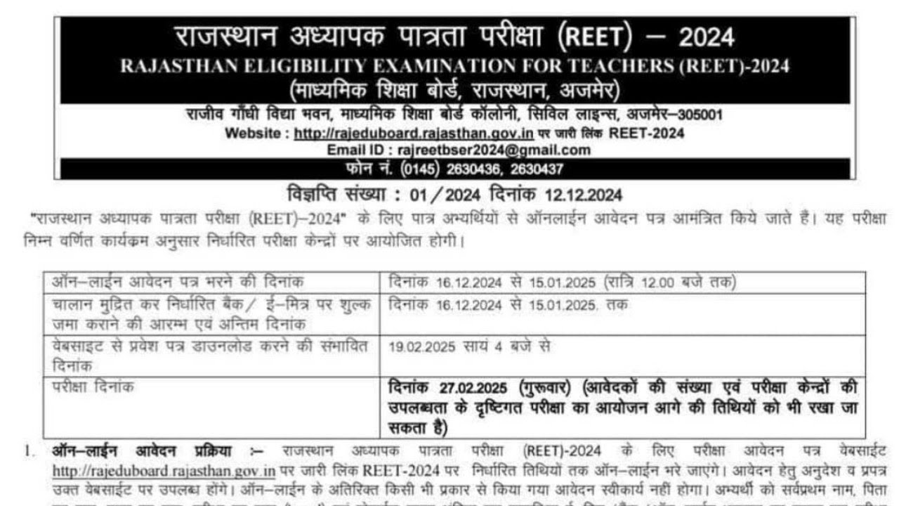 Reet new vacancy 2024 notification release