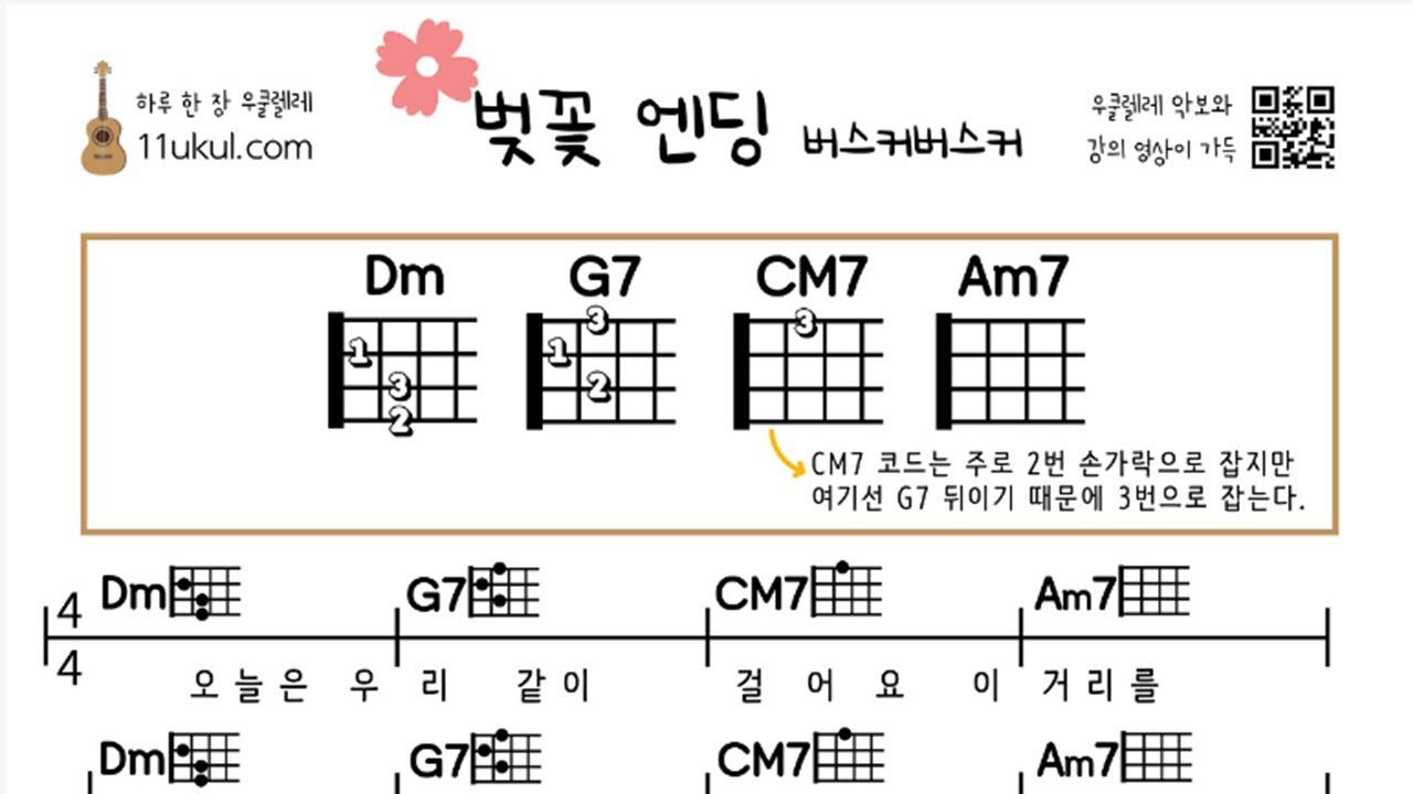 벚꽃 엔딩(버스커버스커) 우쿨렐레 쉬운곡 기초 코드 악보 연주