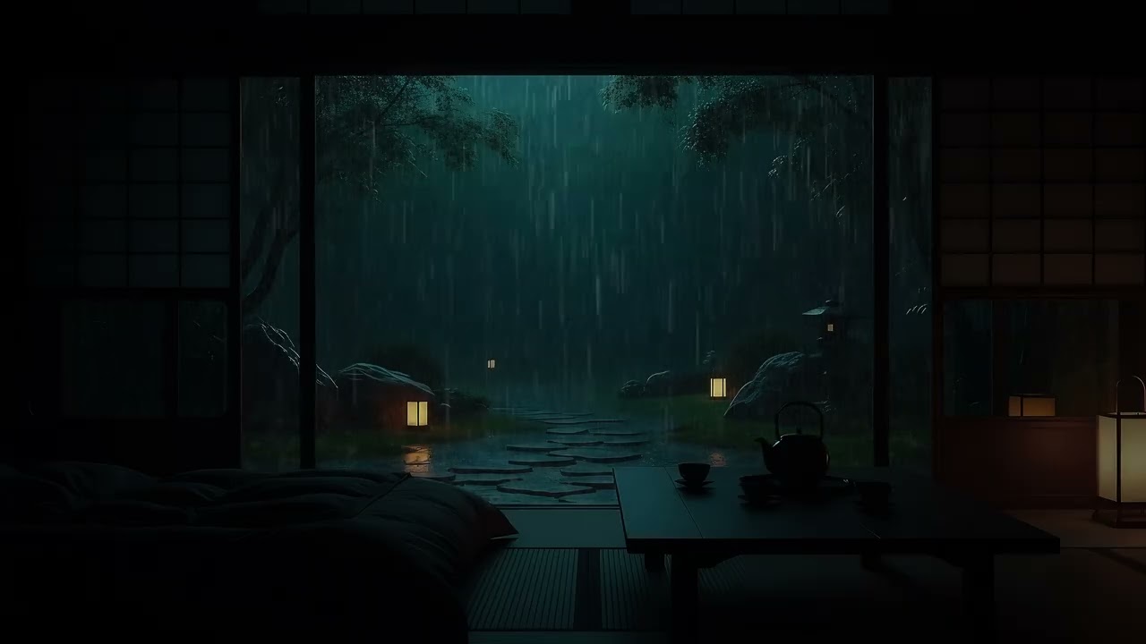 Rain Sounds in a Tranquil Garden (No Ads) 🌧 in a Dark Japanese Living Room | For Deep Sleep
