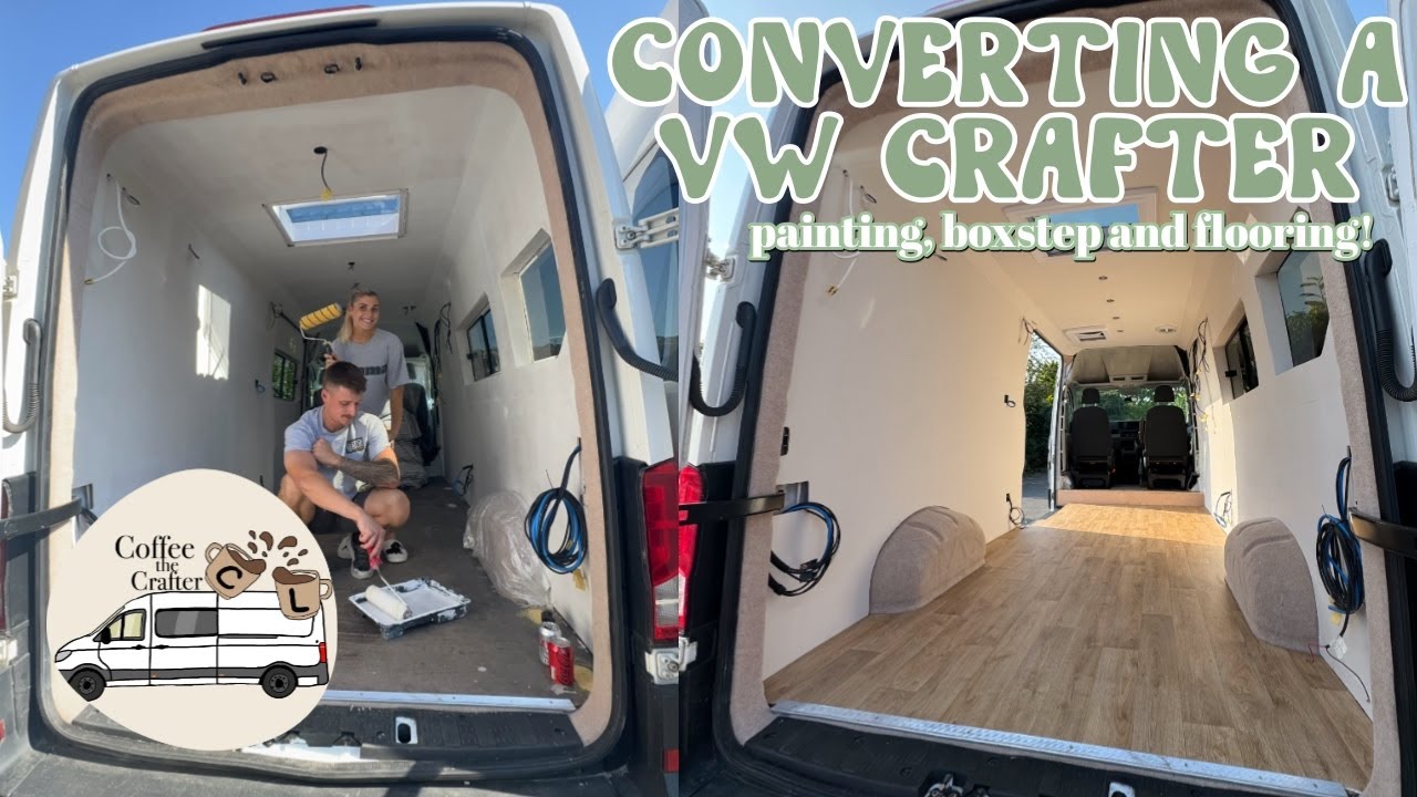 CONVERTING A VW CRAFTER | ceilings, painting and flooring | we built a box step | VINYL FLOORING