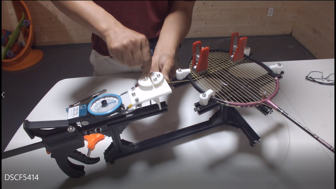 Stringing badminton racket with DIY string machine 2nd unit