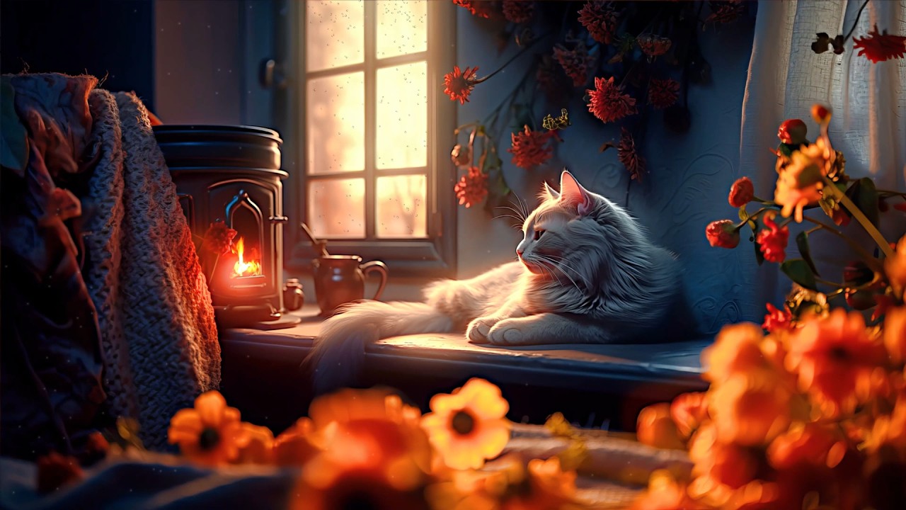 Cozy Cat by the Fireplace 🐱🔥 Warm Night Ambience for Sleep & Relax