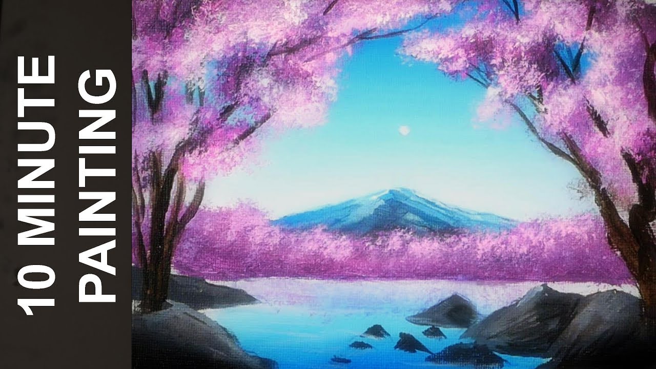 Painting Cherry Blossom Trees along the Lake with Acrylics in 10 Minutes!
