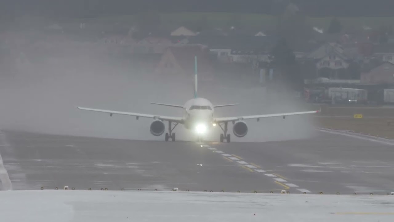 Zurich Airport Eurowings airplane Airbus A320-216 D-ABZI taking off on a winter day.