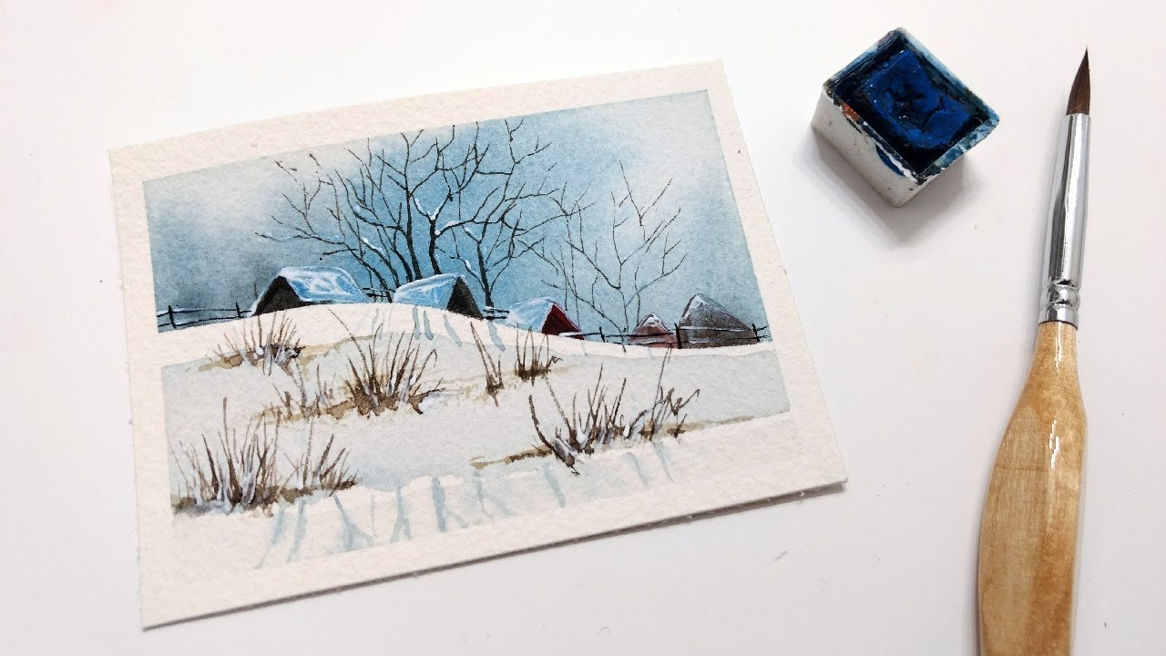 WATERCOLOR winter houses on hill painting tutorial » How to paint a snowy landscape for beginners