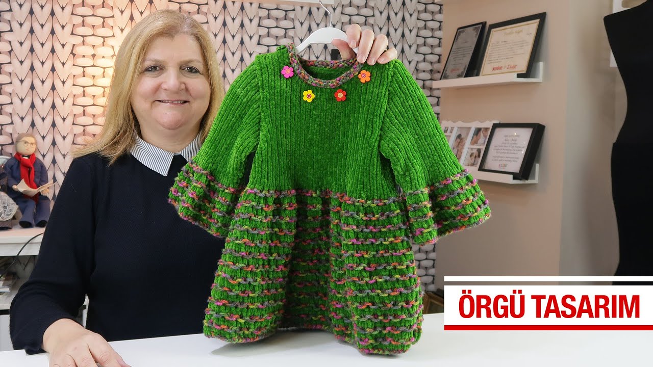 Örgü ile Kadife İpten Çiçek Elbise Modeli