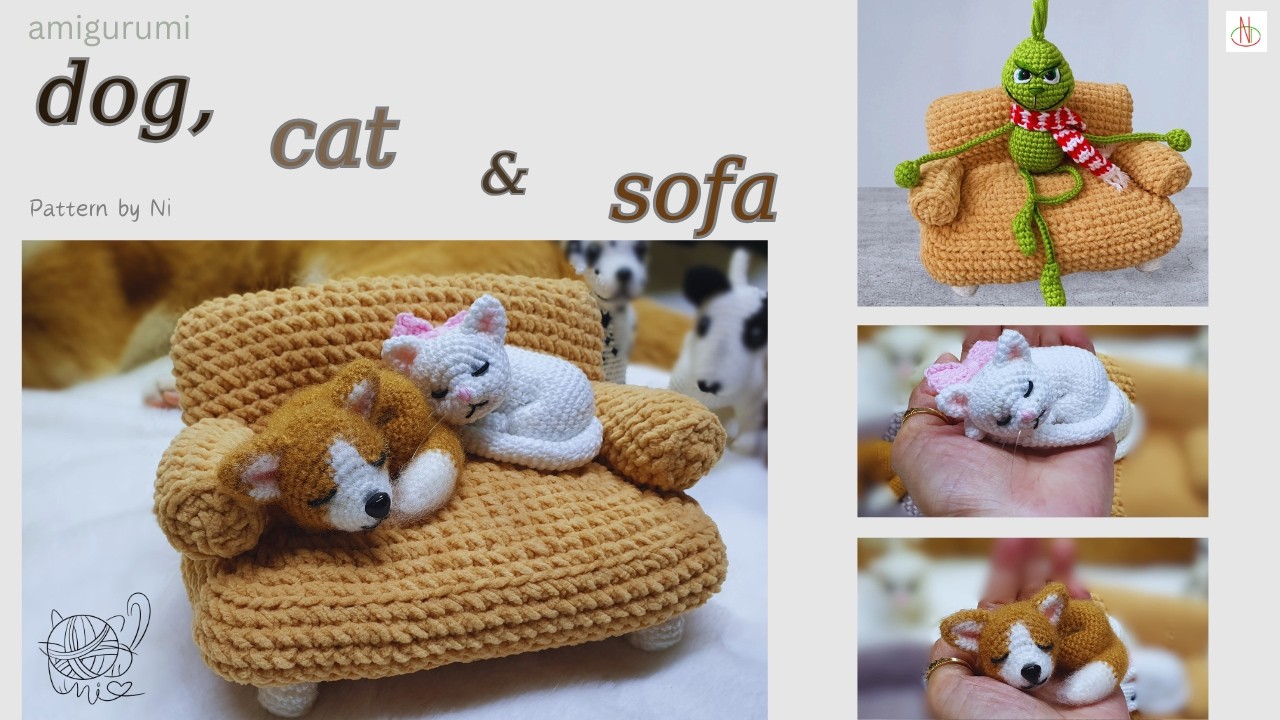 Crochet dog and cat sleeping on sofa tutorial | Móc cún, mèo ngủ | amigurumi | Nicrochet