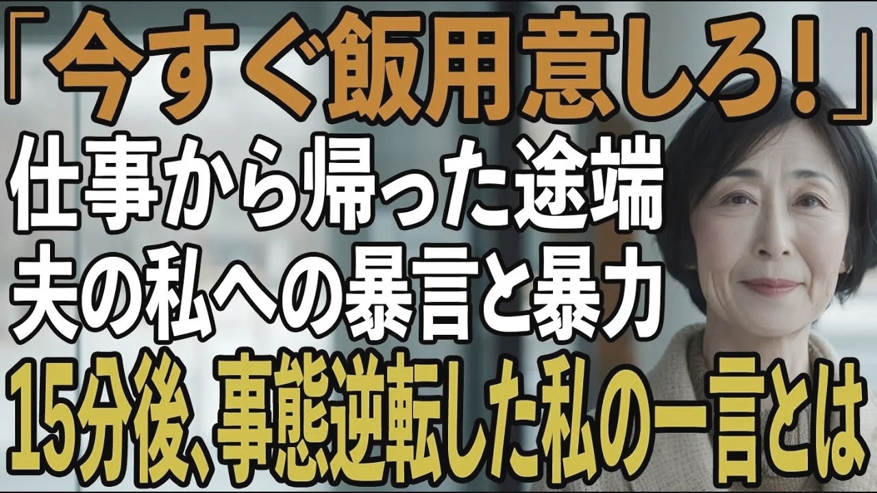 仕事から帰宅した瞬間、私を平手打ちし怒鳴る夫「おい、このバカ！俺たちを待たせやがって！ 今すぐ飯を用意しろ！」ーーしかし、15分後...【シニアライフ】【60代以上の方へ】