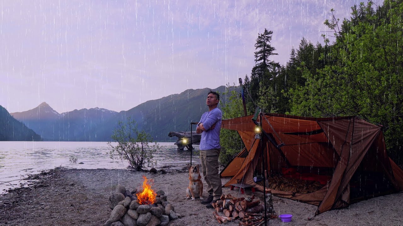 Solo Camping with my Dog | Calm Lake | Rain & Wind | Relaxed Campfire | ASMR