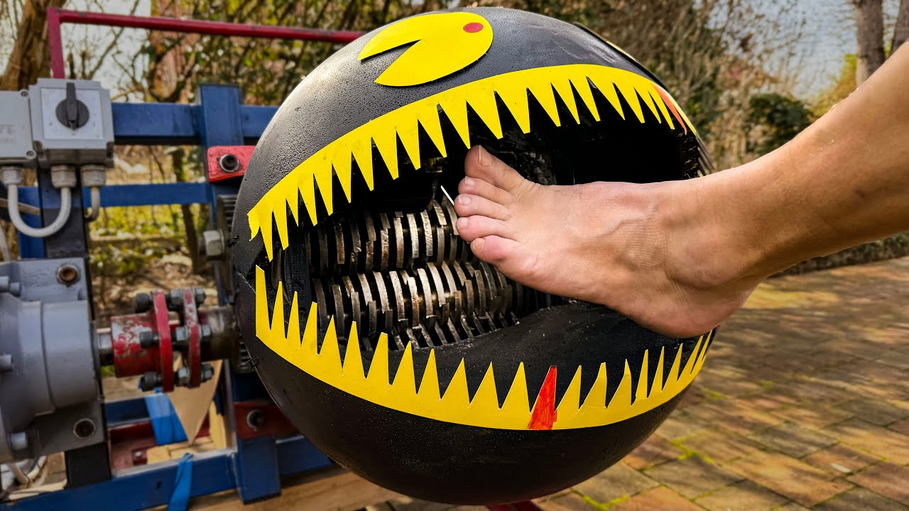 Real Life MONSTER PACMAN Shredding Machine vs FOOT