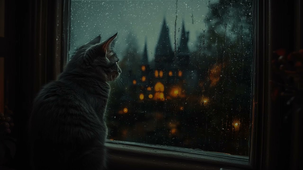 Calm Cat Watching Rain at Magic School | Relaxing Rain Sounds for Sleep and Study