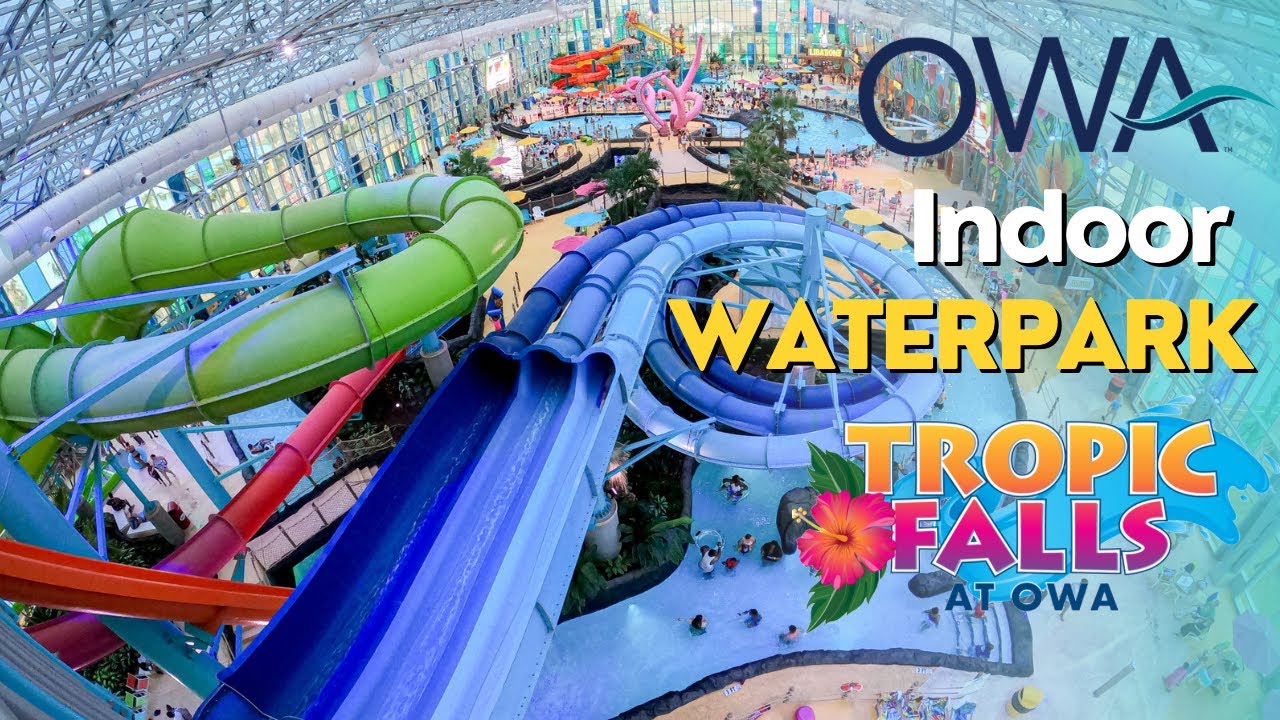 [4K] Тропический водопад в OWA (крытый аквапарк + открытый тематический парк), Фоли, Алабама