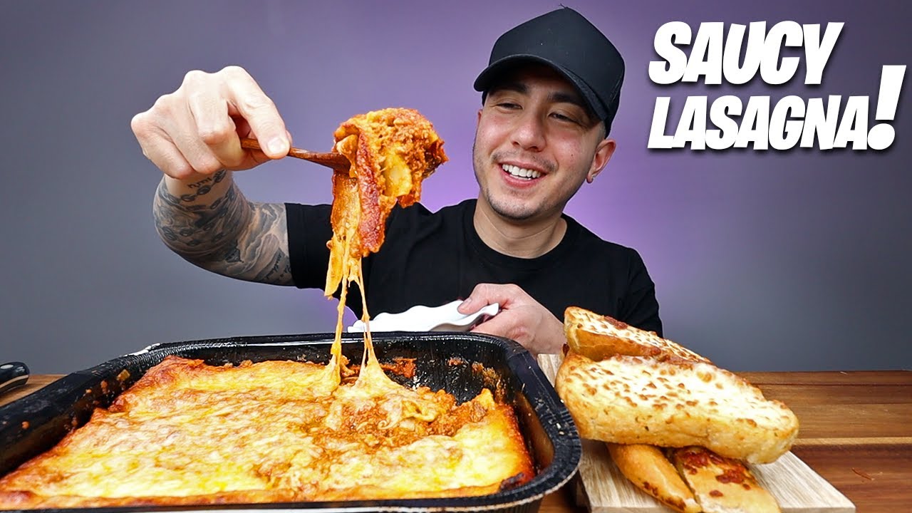 MUKBANG EATING Cheesy Lasagna + Pizza Hut Bread Sticks And Garlic Bread