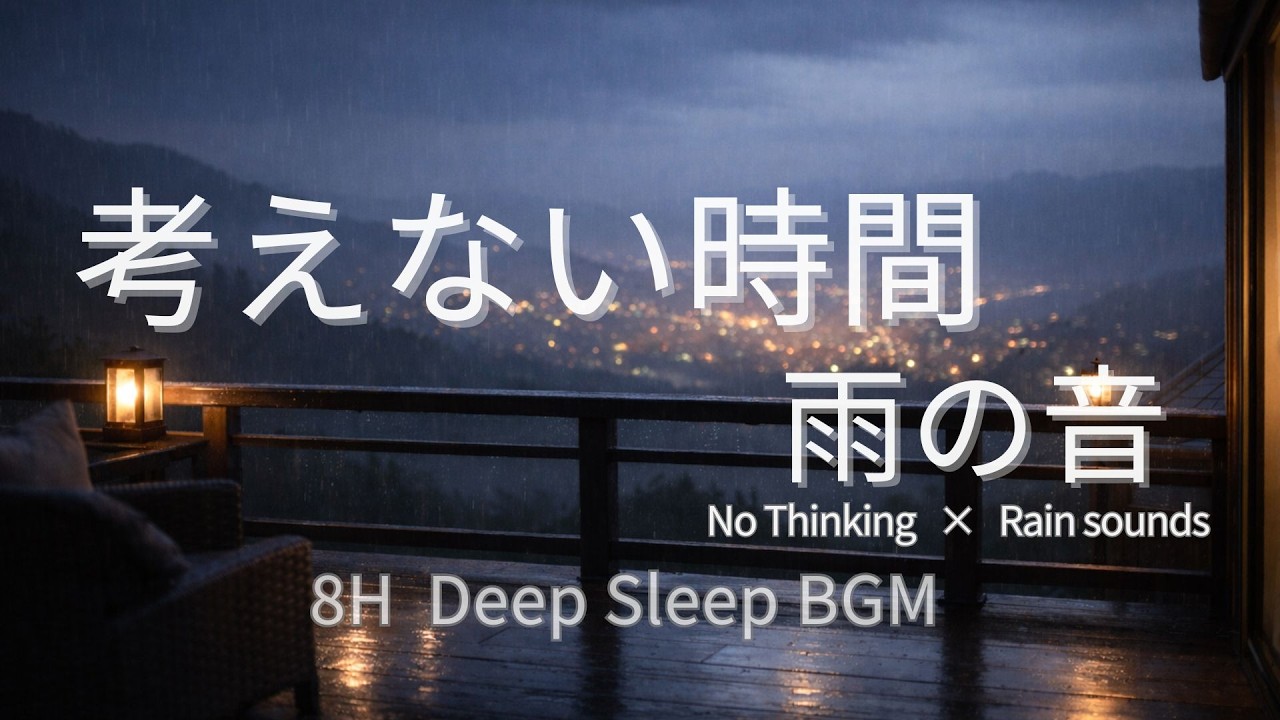 【睡眠用BGM】８時間｜5分後に暗転｜雨の音に包まれる夜景テラス｜考えない時間