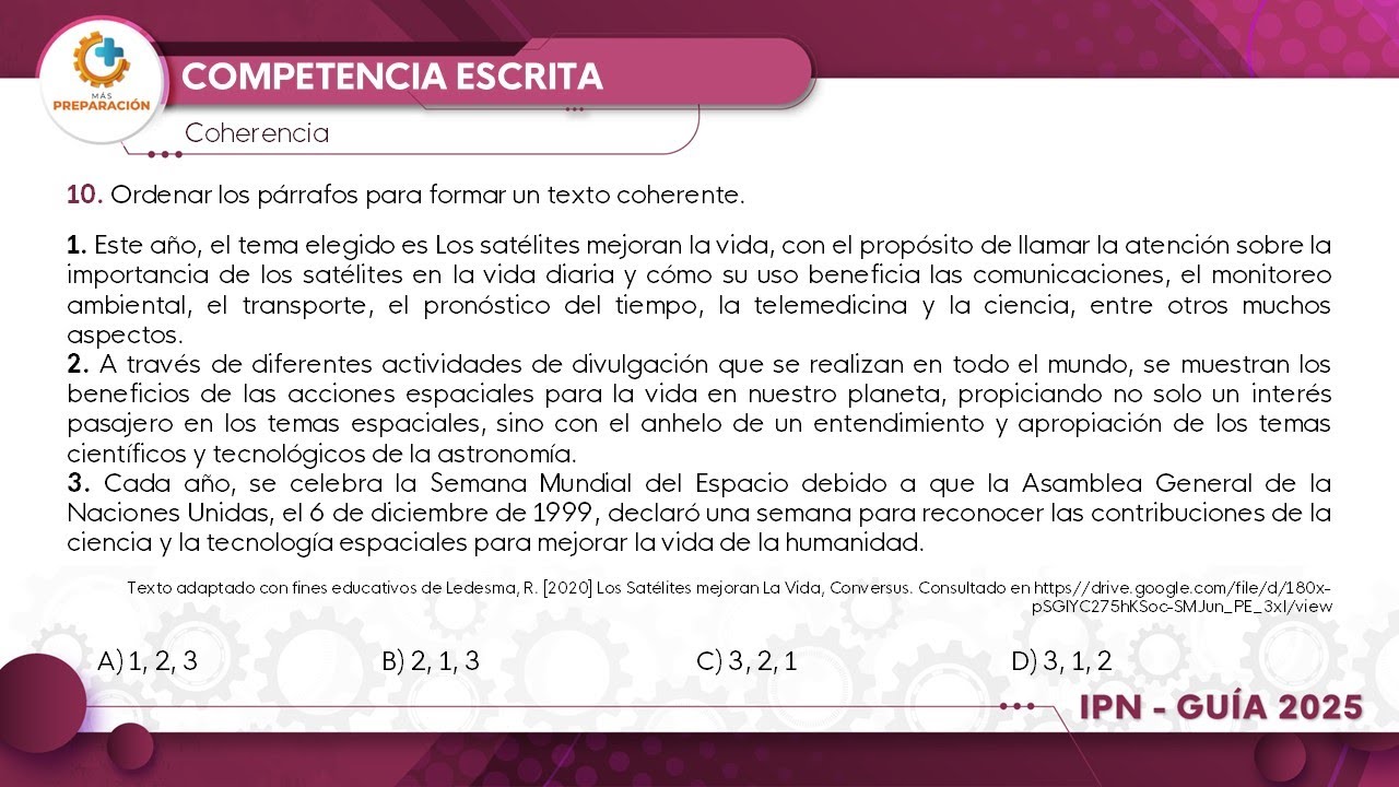 Guía IPN nivel superior 2025 | Competencia escrita | Pregunta No.10