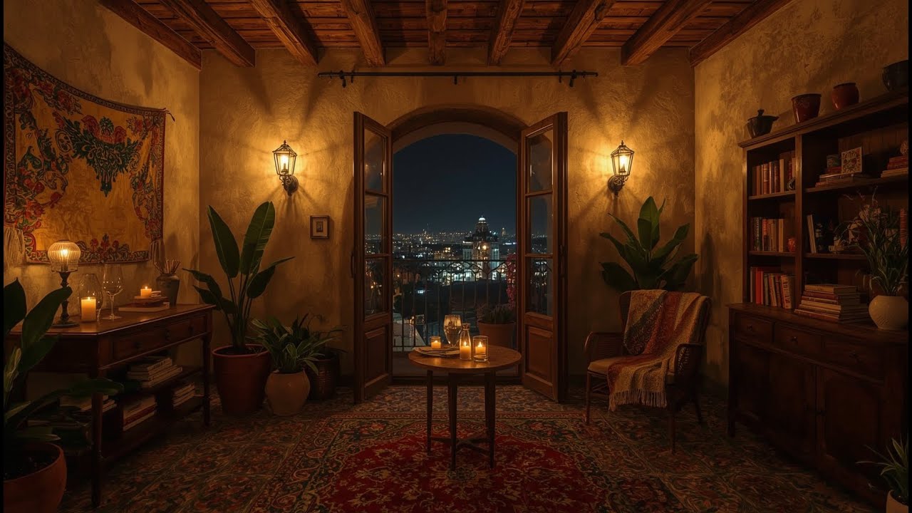 🌆🌙 Spanish Night Ambience | Cozy Barcelona Room, Candlelight & Relaxing Spanish Guitar 🕯️