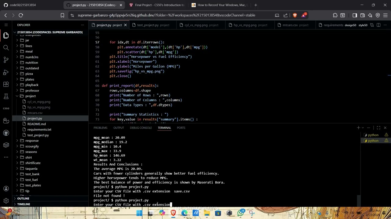 CS50P- Final Project-Pranav Dope -MTCARS Dataset Analyser