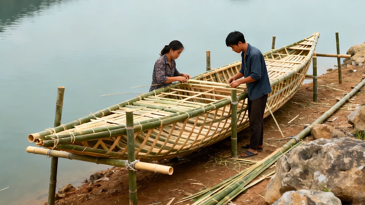 Couple makes beautiful LIVELIHOOD BOAT out of bamboo and cement in 101 DAYS | By @farmwithfishing