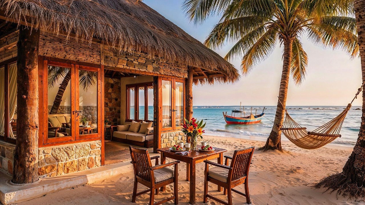 Relaxing Bossa Nova Jazz 🌴 Luxury Beach Cabin Ambience & Calm Ocean Waves For Work, Study & Relax