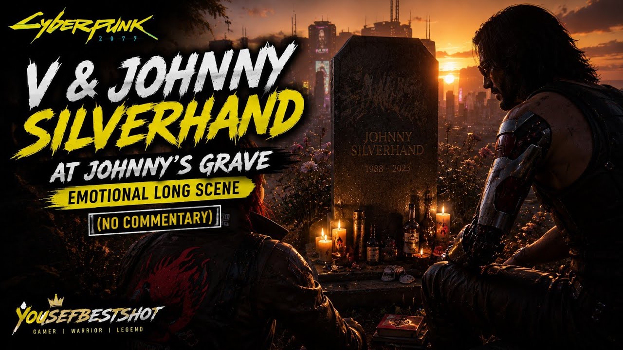 Cyberpunk 2077 – V & Johnny Silverhand at Johnny’s Grave  Emotional Long Scene (No Commentary)