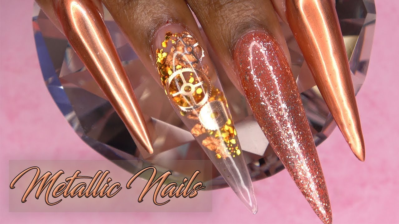 Acrylic Nails Tutorial - How To Metallic Copper Nails with Nail Forms - Encapsulated Gears Steampunk