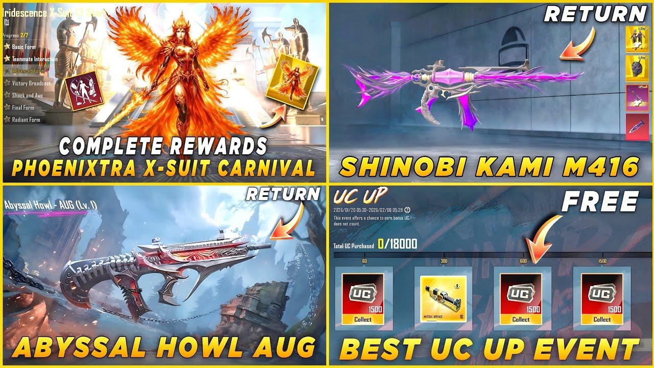 🔥 PHOENIXTRA X-SUIT LEAKS | SHINOBI KAMI M416 RETURN | ABYSSAL HOWL AUG RETURN | NEXT UC UP EVENT 🤩