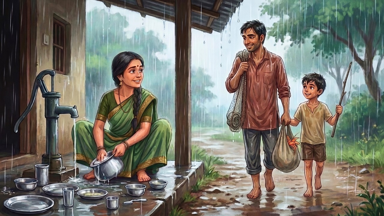 1990s Rainy Indian Village Life 🌧️ | Father & Son Catching River Prawns | Ghibli ASMR