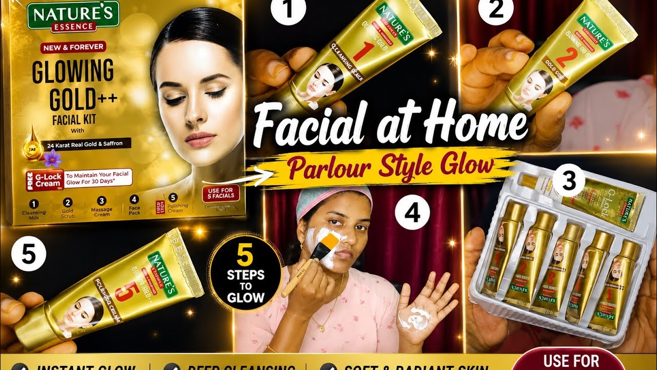 GOLD FACIAL KIT | HOW TO DO FACIAL AT HOME (PARLOUR STYLE)/ Nature's Essence Glowing Gold Facial ...