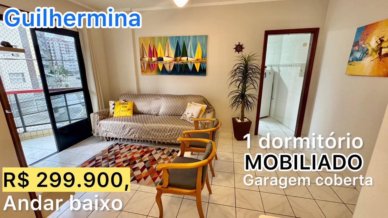 R$ 299.900, | 1 dormitório MOBILIADO na Guilhermina em Praia Grande SP Sacada Elevador  garagem