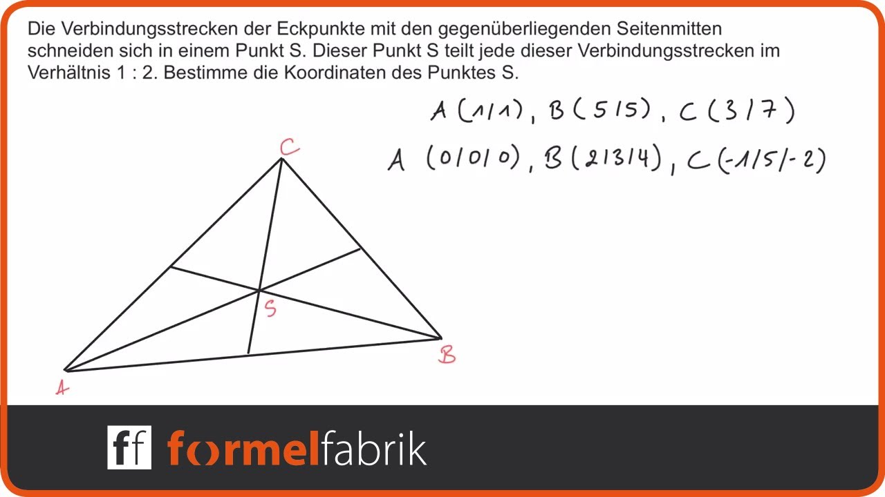 Vektorrechnung: Schnittpunkt der Verbindungsstrecken zwischen Ecke und Seitenmitte im Dreieck.
