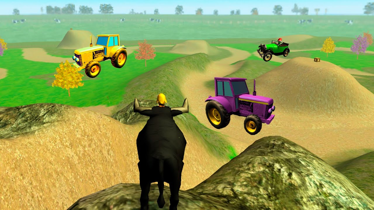El toro con el pollito de la granja siguiendo al tractor!