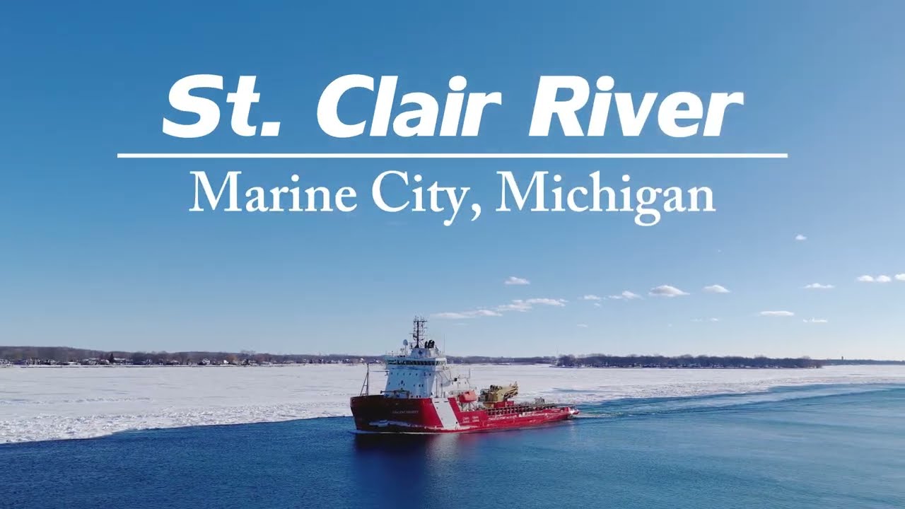 Winter Convoy - CCGS Vincent Massey leads 3 Algoma tankers - St. Clair River - Marine City, Michigan